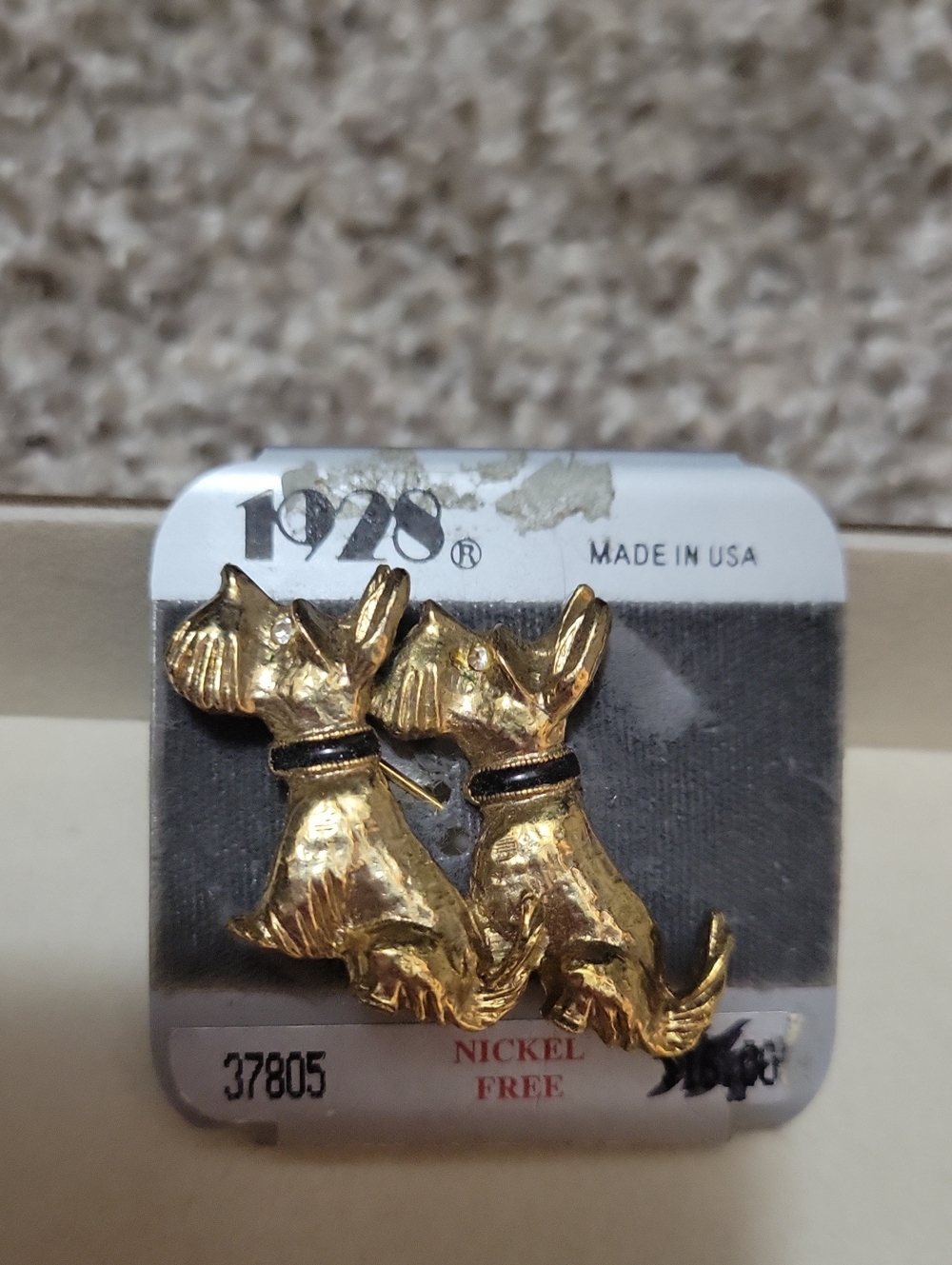 Vintage 1928 Gold Scottie Dog Pair Brooch with Black Collar Accents.